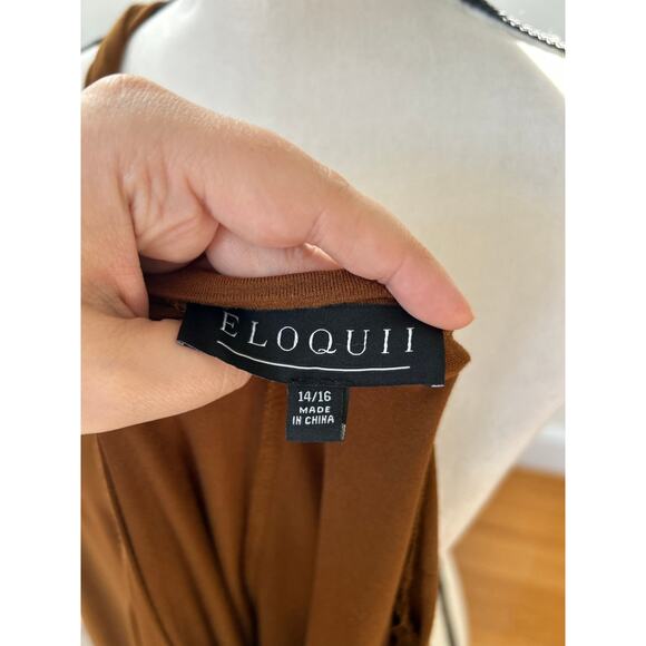 Eloquii Brown Long Sleeve Draped Tie Asymmetric Hem Blouse - Picture 6 of 7